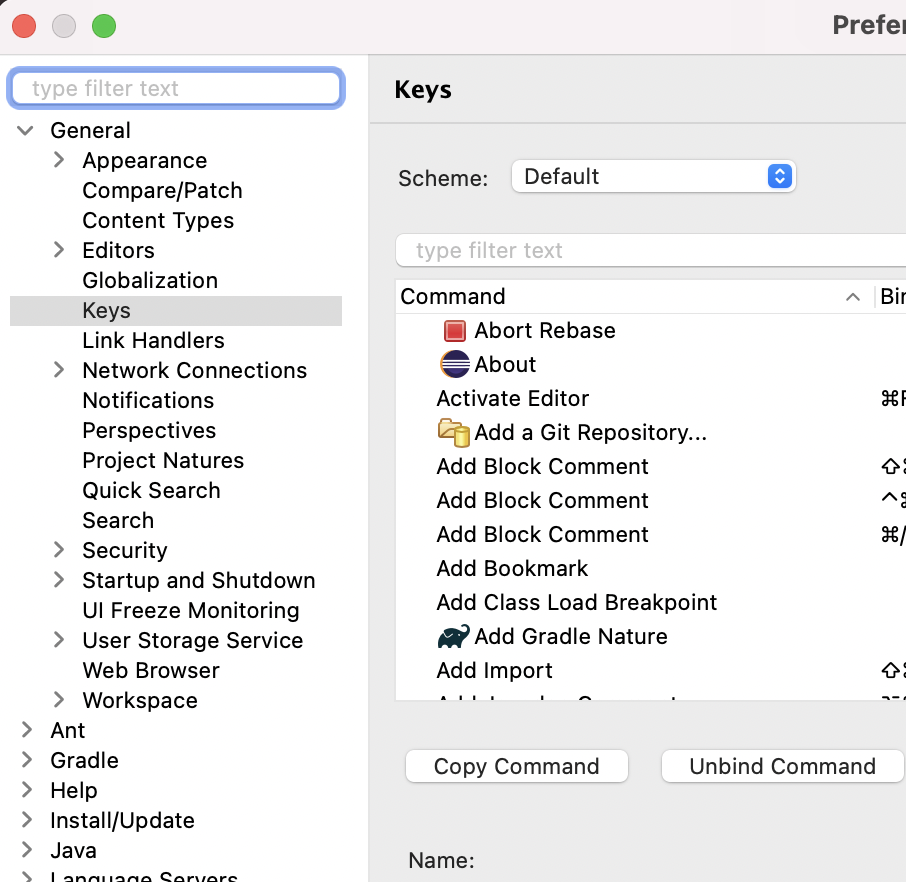List of Eclipse Keys for macOS